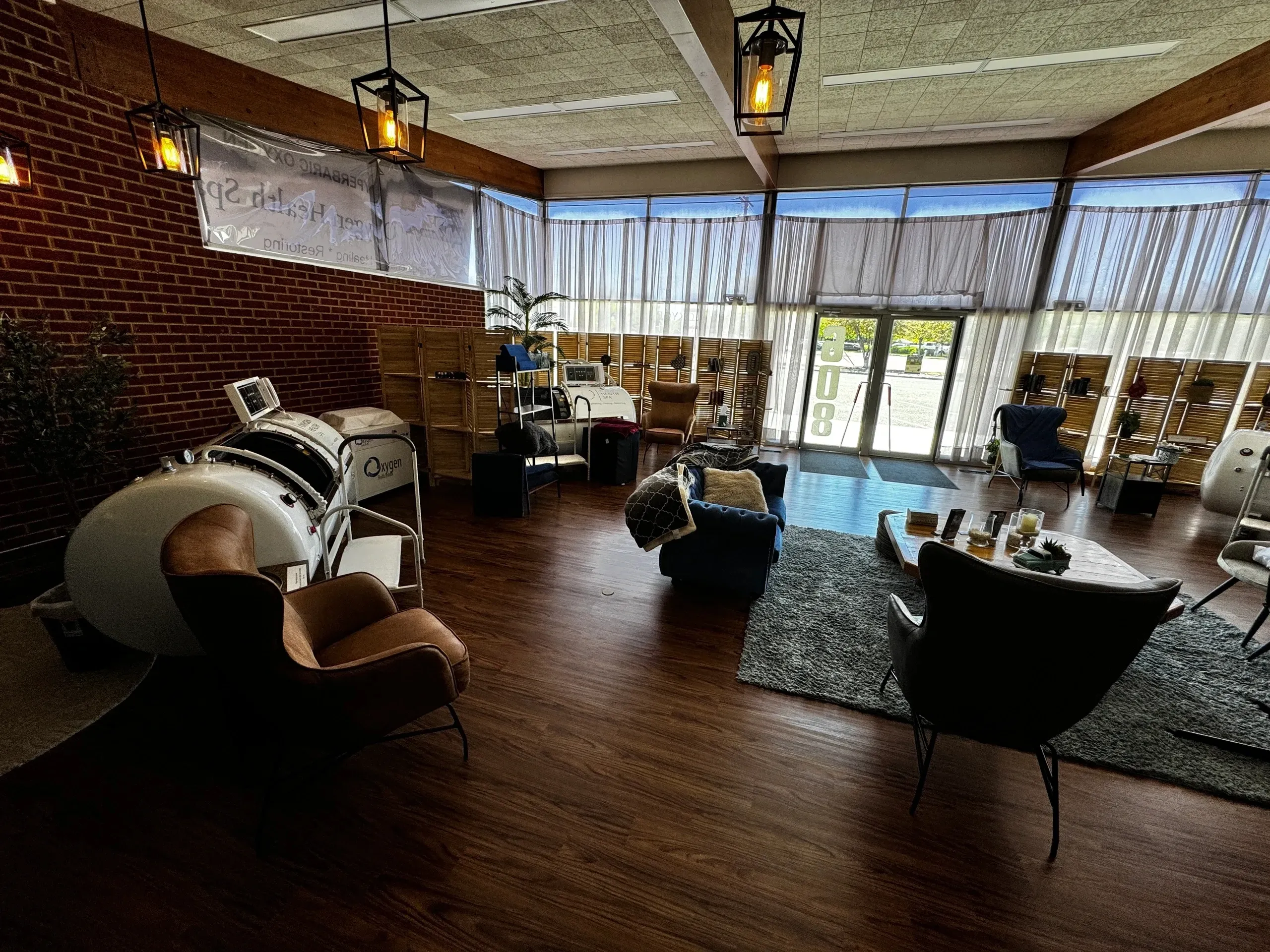Relaxing seating area with large windows